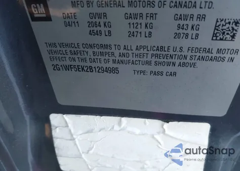 2011 Chevrolet Impala Ls из США, поврежденный, VIN 2G1WF5EK2B1294985